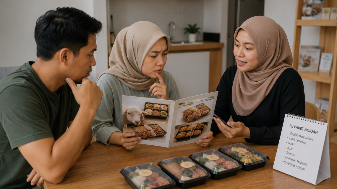orang tua memeriksa isi paket aqiqah sebelum memesan