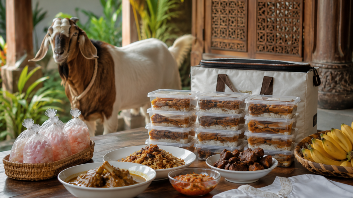 Paket aqiqah 1 kambing tahun 2026 dengan nasi box dan menu olahan siap saji.