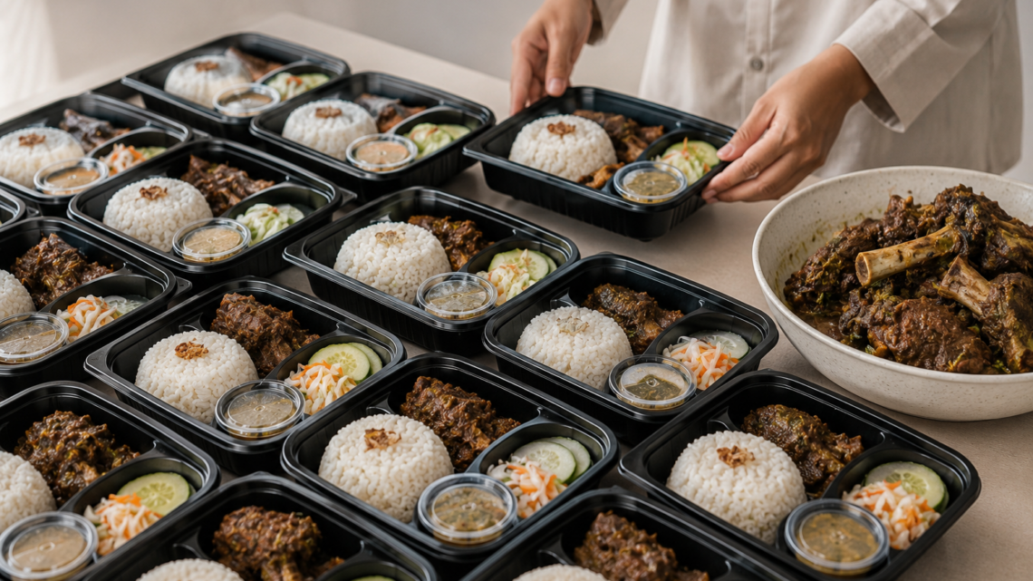 Paket Aqiqah Siap Saji berupa olahan kambing lengkap dengan nasi box siap dibagikan kepada keluarga dan masyarakat