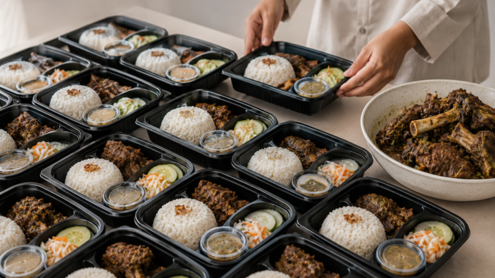 Paket Aqiqah Siap Saji berupa olahan kambing lengkap dengan nasi box siap dibagikan kepada keluarga dan masyarakat