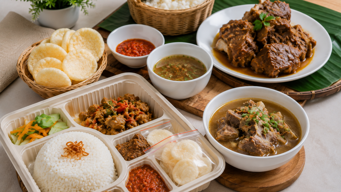 Paket aqiqah Depok dengan nasi box berisi sate kambing, gulai, nasi, acar, dan pelengkap yang disajikan secara higienis