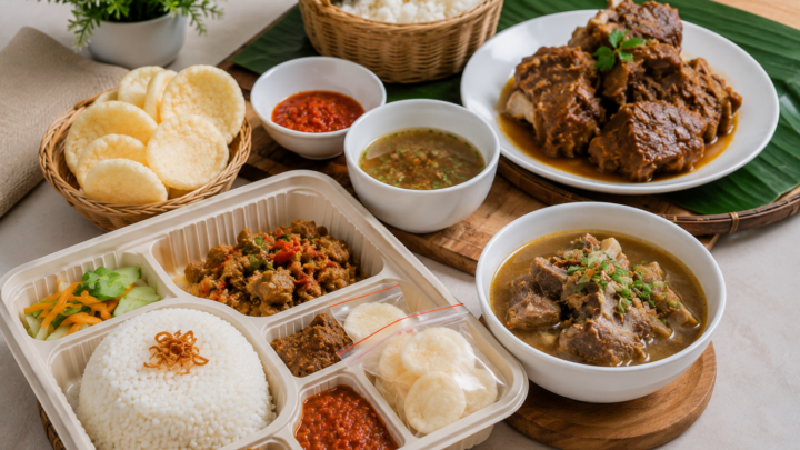 Paket aqiqah Depok dengan nasi box berisi sate kambing, gulai, nasi, acar, dan pelengkap yang disajikan secara higienis