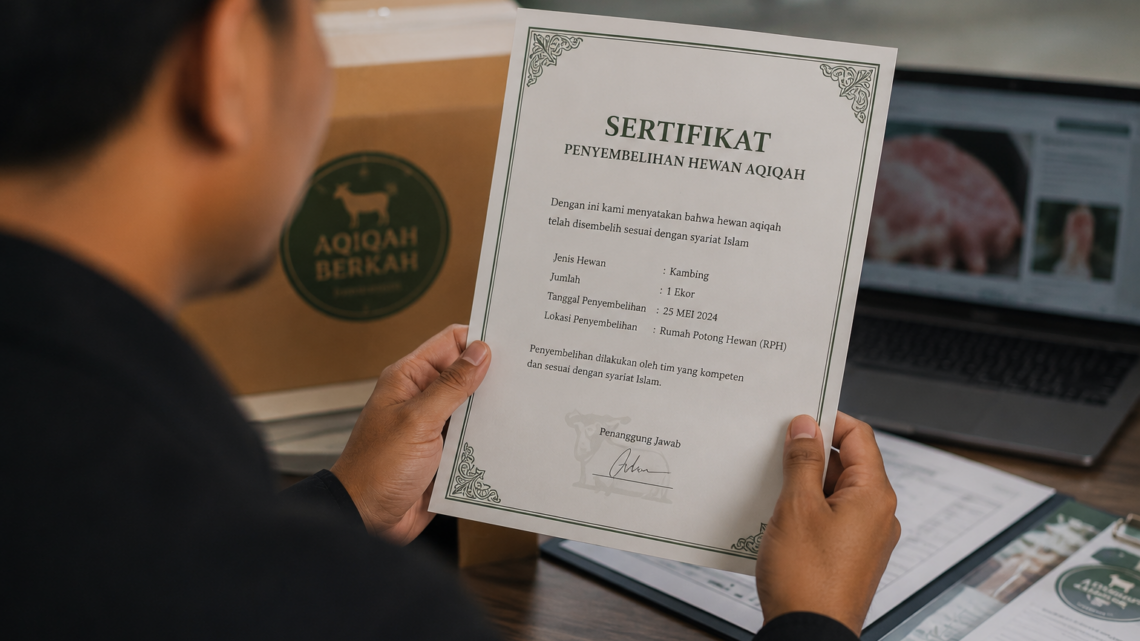 Sertifikat Penyembelihan Jasa Aqiqah dengan proses penyembelihan kambing sesuai syariat Islam