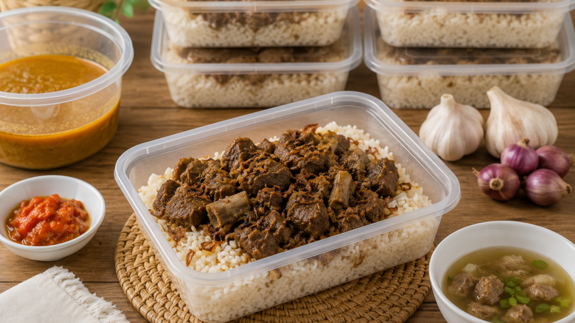 Paket aqiqah Rp3 jutaan dengan nasi box lengkap dan olahan daging kambing berkualitas.