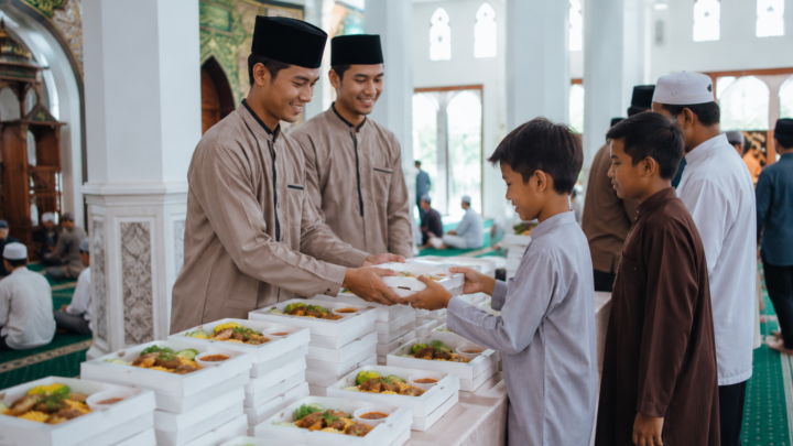 Paket aqiqah untuk acara di masjid dengan nasi box tertata rapi siap dibagikan kepada jamaah setelah pelaksanaan aqiqah