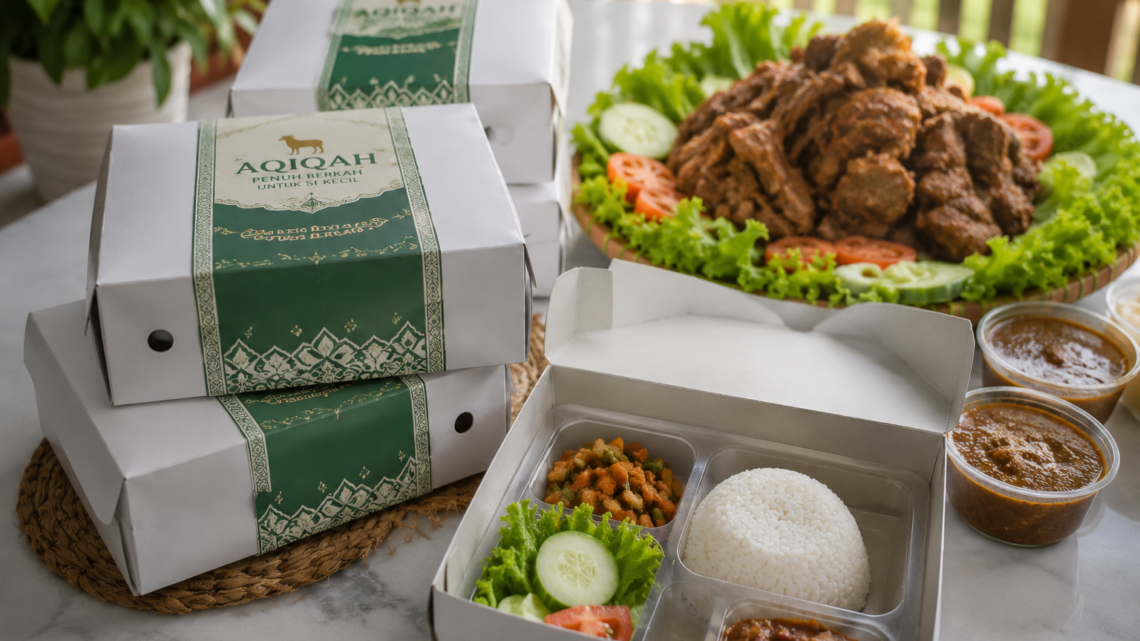 Paket aqiqah lengkap dengan nasi box yang berisi olahan daging kambing, nasi, lauk, dan pelengkap siap dibagikan kepada penerima.