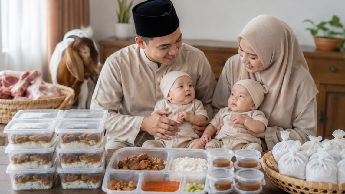 Paket aqiqah bayi kembar dengan dua kambing dan hidangan siap saji untuk acara syukuran keluarga.