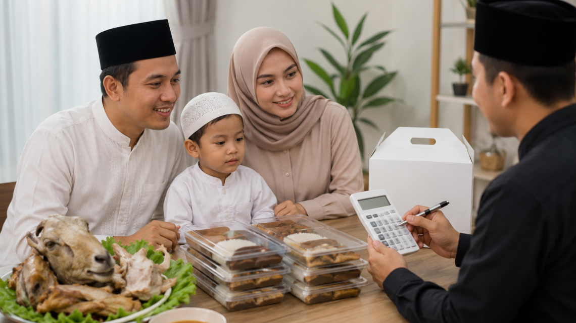 Paket aqiqah lengkap dengan olahan kambing, nasi box, dan perlengkapan acara untuk keluarga muslim