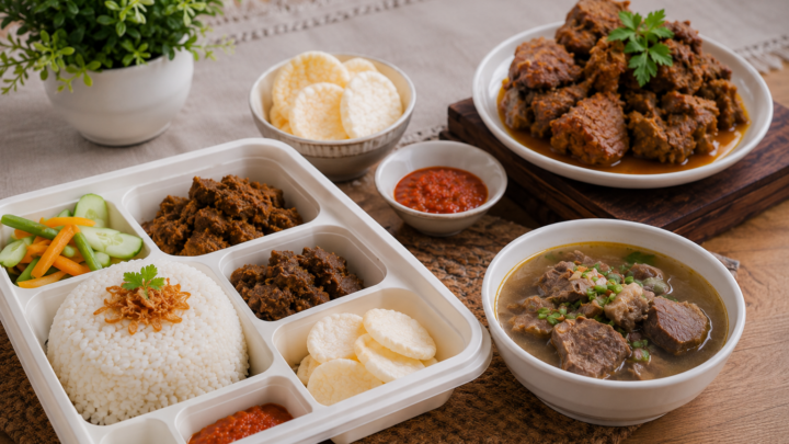 Paket aqiqah Serang dengan nasi box berisi sate kambing, gulai, nasi, acar, dan pelengkap yang disajikan secara higienis
