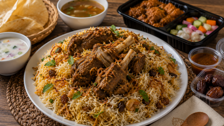 Paket aqiqah dengan menu biryani lengkap berisi nasi biryani, olahan daging kambing, acar, sambal, dan nasi box premium.