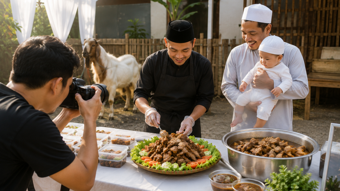 Prosesi aqiqah dengan layanan dokumentasi profesional saat penyembelihan dan pembagian hidangan.