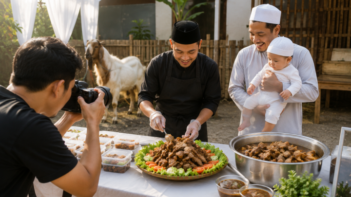 Prosesi aqiqah dengan layanan dokumentasi profesional saat penyembelihan dan pembagian hidangan.