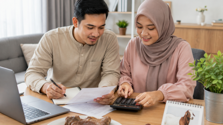 Keluarga sedang merencanakan anggaran aqiqah dengan daftar biaya, hewan aqiqah, dan paket makanan di atas meja.