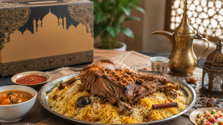 Paket Aqiqah dengan Menu Nasi Mandhi berisi nasi mandhi, daging kambing berbumbu rempah khas Timur Tengah, acar, sambal, dan pelengkap dalam kemasan premium.