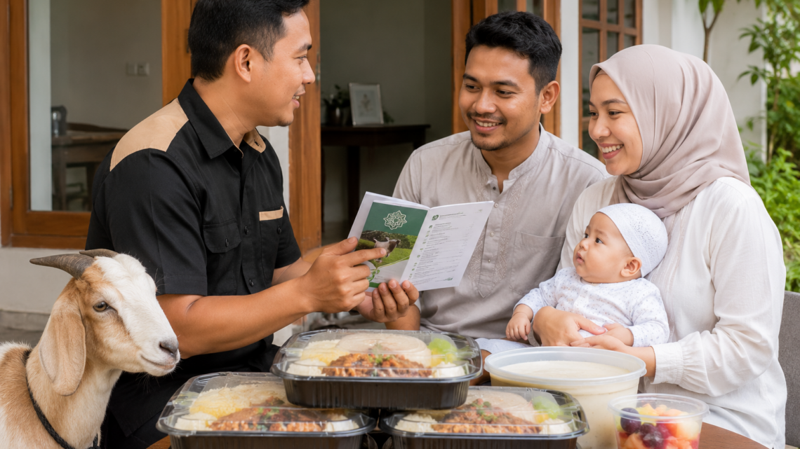 Biaya Aqiqah Anak Laki-Laki 2026 Rp3 Jutaan dengan dua ekor kambing, nasi box, sate, gulai, dan layanan aqiqah sesuai syariat Islam.