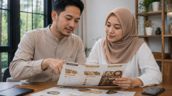 Keluarga sedang berdiskusi membandingkan beberapa penyedia jasa aqiqah dengan contoh paket dan menu hidangan