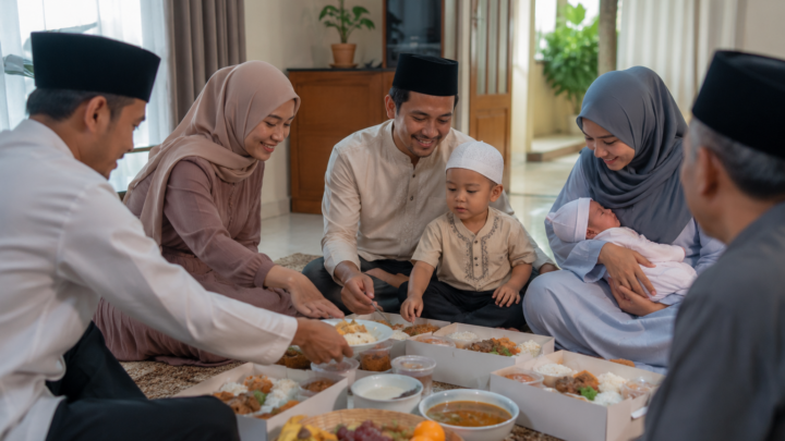 Paket aqiqah untuk acara syukuran di rumah dengan nasi box dan hidangan kambing yang siap disajikan kepada tamu.