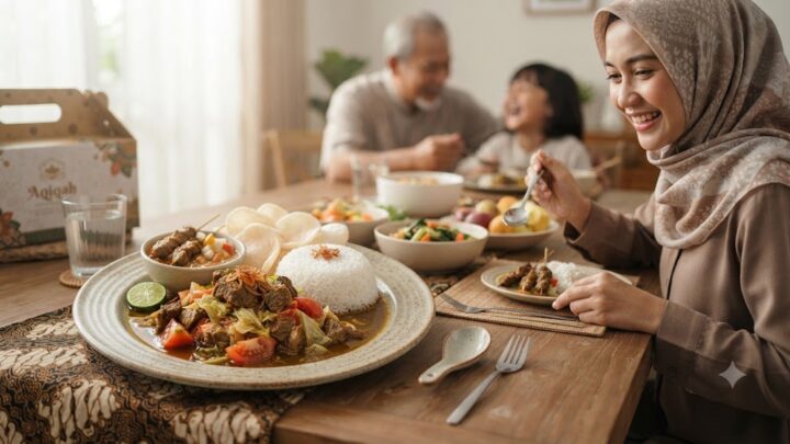 Menu tongseng kambing dalam paket aqiqah disajikan bersama nasi, acar, sambal, dan pelengkap dalam kemasan nasi box.