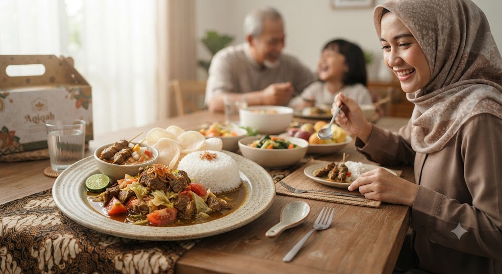 Menu tongseng kambing dalam paket aqiqah disajikan bersama nasi, acar, sambal, dan pelengkap dalam kemasan nasi box.