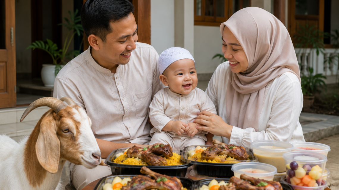 Biaya Aqiqah Anak Laki-Laki 2026 Rp4 Jutaan dengan dua ekor kambing berkualitas, nasi box premium, sate, gulai, dan layanan aqiqah sesuai syariat.