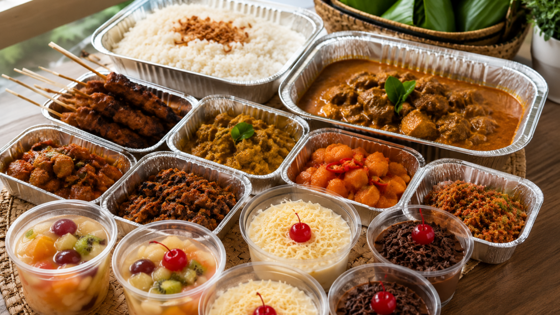 Paket Aqiqah Plus Dessert dengan nasi box, sate kambing, gulai, dessert, dan hidangan aqiqah siap saji sesuai syariat Islam.