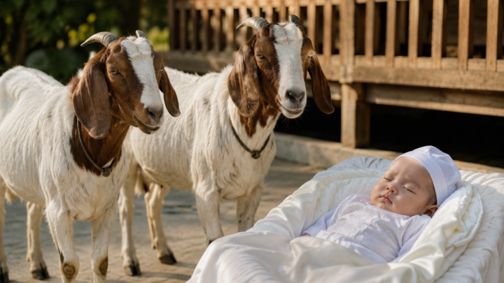 Paket aqiqah anak laki-laki dengan dua ekor kambing dan sajian nasi box siap dibagikan kepada masyarakat.