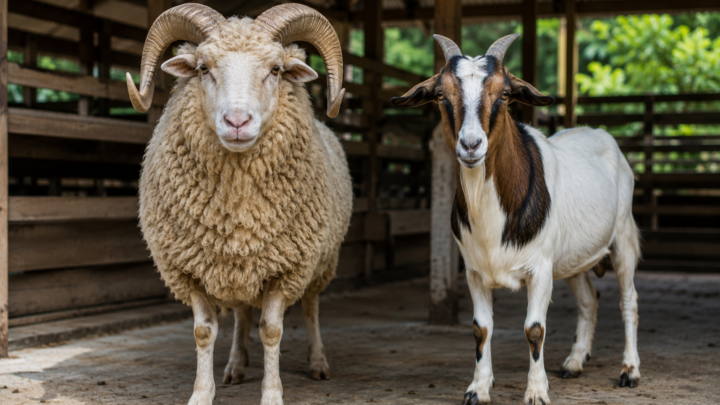 Perbedaan Domba dan Kambing untuk Aqiqah menampilkan seekor domba dan kambing sehat di peternakan yang memenuhi syarat aqiqah sesuai syariat Islam.