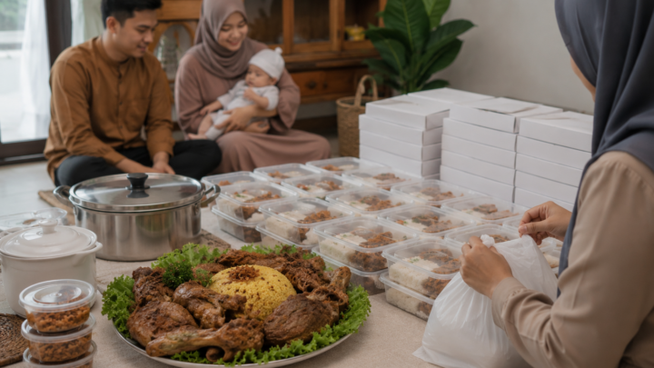 Paket Aqiqah untuk Acara di Rumah dengan sajian nasi box, kambing aqiqah berkualitas, dan keluarga yang sedang mengadakan acara syukuran.