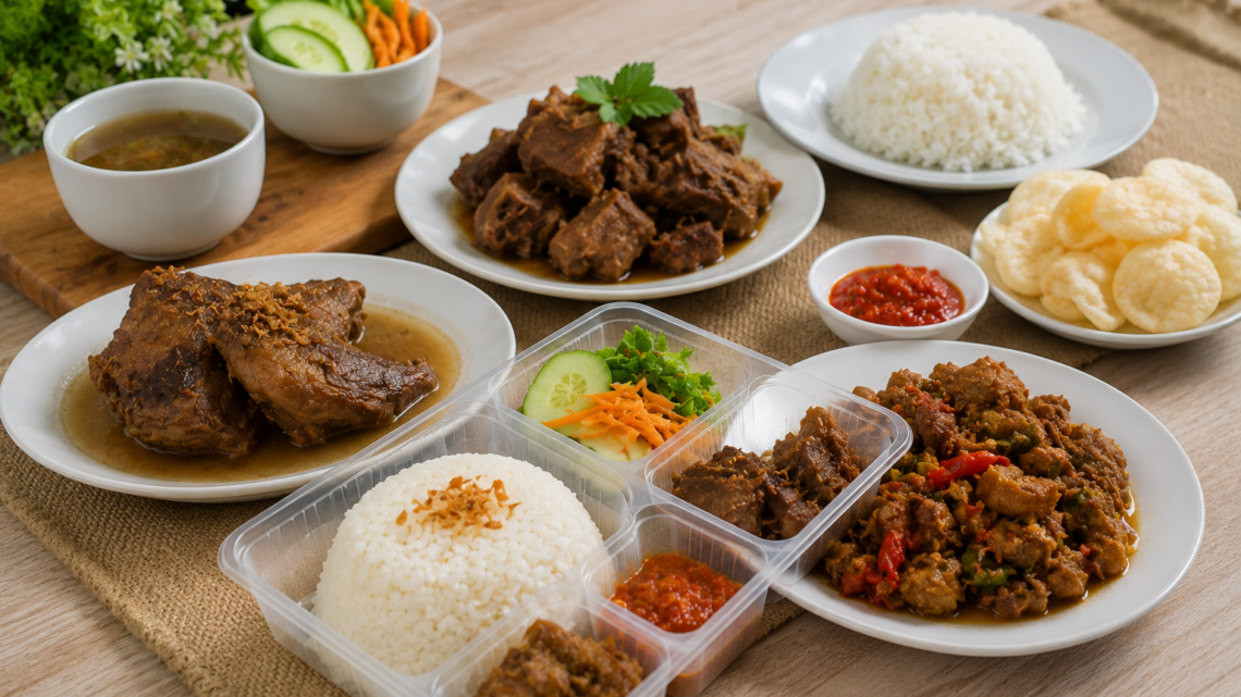 Paket aqiqah Sukabumi dengan nasi box lengkap berisi sate, gulai, dan olahan kambing berkualitas yang disajikan secara higienis