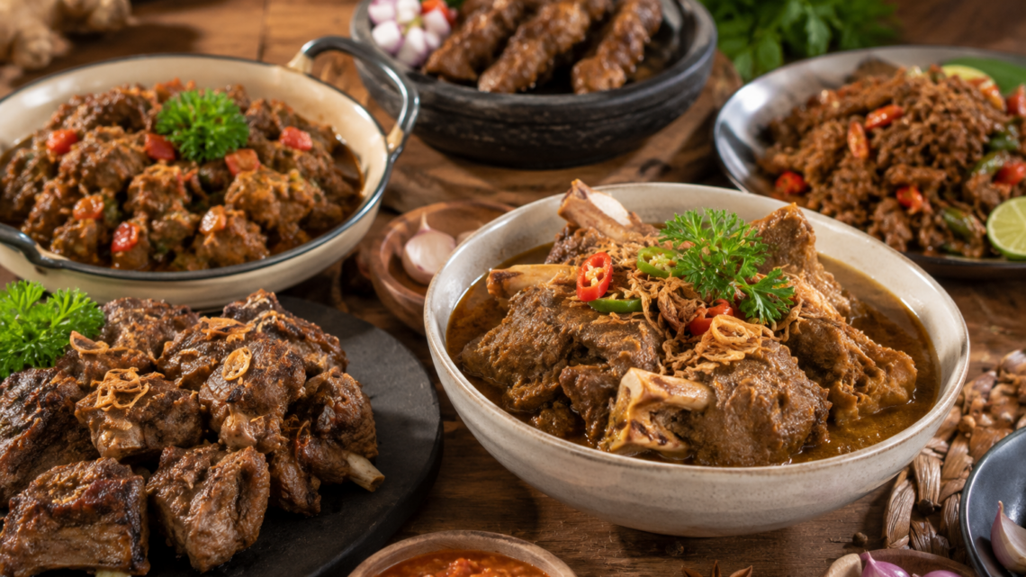 Berbagai olahan daging kambing aqiqah seperti sate, gulai, tongseng, dan nasi kebuli tersaji dalam satu meja hidangan.