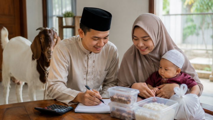 Biaya Aqiqah Anak Laki-Laki 2026 dengan dua ekor kambing dan paket nasi box untuk keluarga.