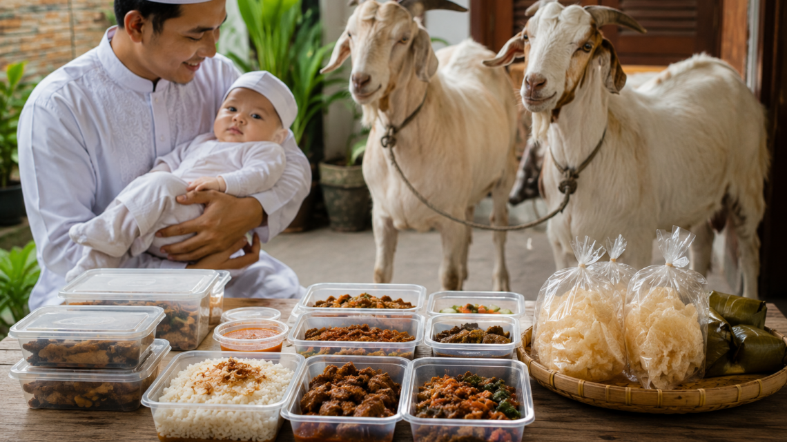Paket aqiqah dua kambing untuk anak laki laki dengan hidangan siap saji yang tersusun rapi