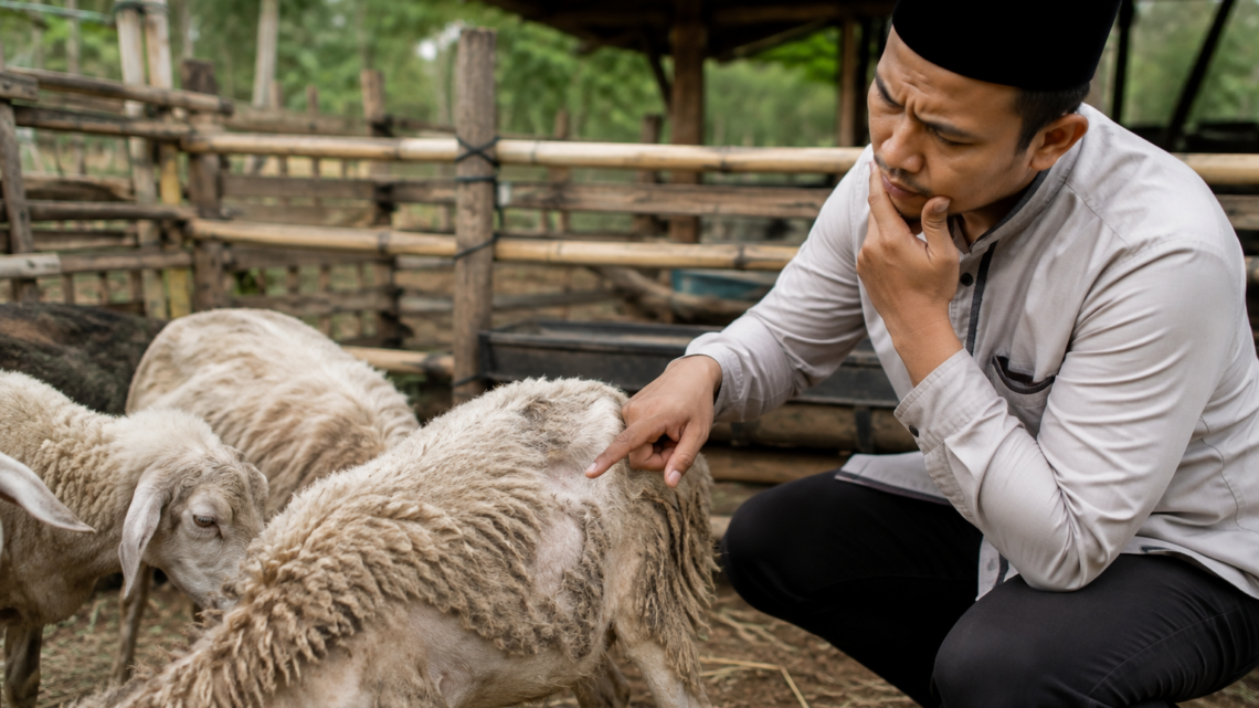 Peternak memeriksa hewan aqiqah yang sehat sebelum penyembelihan